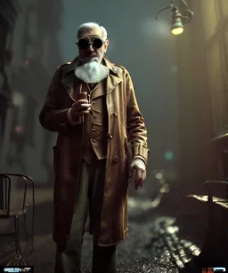 Surreal, steampunk, cabaret scene. Russian old man. Sunglasses, rain, smoking, happy, hot, people background, highly detailed, concept art, unreal engine 5, god rays, ray tracing, RTX, lumen lighting, ultra detail, volumetric lighting, 3d, finely drawn, high definition, high resolution.