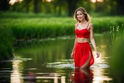 shot from front ,green field and wild flower field ,(A German beauty , with a melon seed face and wearing a red camisole skirt. She has a slender figure, beautiful makeup,very nice eyes looking around and elegant temperament walking and whisppering a song with emotions in water toward camera in trees next to wavy river with clear water and nice sands in floor.camera capture from her full body front, spring blosom walking to camera ,wild flowers moving in the wind ,blue sky,moving pretty clouds ,