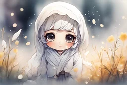 cute chibi anime sheikh, daisyfield, mist, melting watercolor and black ink outlines on wet paper, soft, shading strokes, in sunshine, ethereal, otherwordly, cinematic postprocessing, bokeh, dof