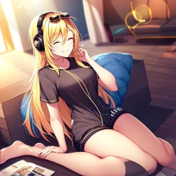 girl, masterpiece, best quality, volumetric lighting, detailed outfit, perfect eyes, golden hair, long hair, closed eyes, headphones on head, listening to music, smile, sitting, indoors, god rays, legs up to chest, casual clothes,