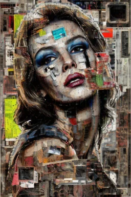 Ultra detailed medium portrait painting of a half naked woman sitting on a chair, no nudity, bended over, dark room with little light coming from an open door behind her, torn up collage of clippings, broken circuitry background, matrix effects, punk visual art, punk art aesthetic, graffiti art, pop surrealism, collage art, cluttered paint glitches