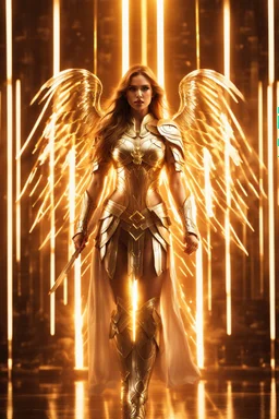 Photograph beautiful Angel woman armor long hair stand face front in impact picture,translucent and glowing metallic patterns,glowing metal objects hovering in the air and surrounding him,Electric arcs and sparks,flow of energy,translucent magnetic lines,golden and shimmering light effects