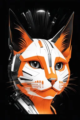 Ilustración cómic lineal de cat cyberpunk 3D color blanco anaranjado y negro