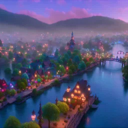 magical riverside town , 8k, beautifl, spirits flowing