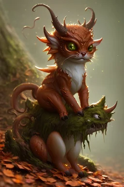 cute tiny forest demon sitting on a fallen leaf, intricately detailed, photorealistic, oil on canvas, trending on art station, high definition, hdr, cute, beautiful in sunshine