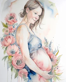 portrait, watercolor, fine drawing, Pregnancy, flowers,