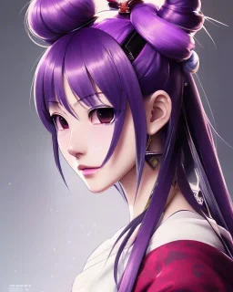 Detailed cute anime Kunoichi girl, purple hair buns, purple bangs, Christmas clothing, intricate details, full body portrait, keep head in frame, slight smile, black Japanese motif, concept art, highly detailed, digital painting, concept art, sharp focus, illustration, art by Yoji Shinkawa, WLOP and greg rutkowski and alphonse mucha and artgerm and yanjun Chen and Junji ito and Makoto Shinkai, HDR, octane render