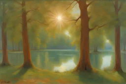 sunny day, lake, trees, sci-fi, trascendent, cosmic influence, friedrich eckenfelder and hans am ende impressionism paintings