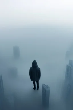 A hooded figure In the fog standing on city high tower building looking down below to the big crowded city buildings