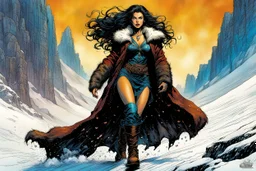 Create a fine art print , full body illustration of an epic fantasy Lankhmar sorceress Girl , with finely lined and detailed facial features, in a ragged sable and lynx fur coat, ,battered riding boots, , in the comic book style of Bill Sienkiewicz, Philippe Druillet, and Jean Giraud Moebius, precisely drawn, colored and inked