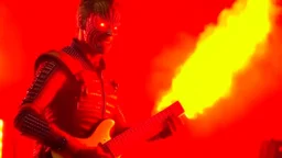 4K. REALISTIC FULL DETAILS. UN TERMINATOR DEBOUT AVEC UNE GUITARE EN MAINS FIRESTARTER; flammes en fond