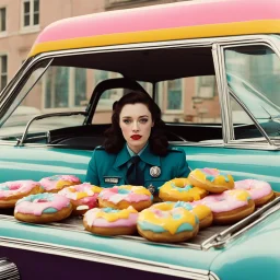 [psychedelic movie by Wes Anderson] Kat Dennings as a policewoman in a car with donuts, vintage 1970's photo