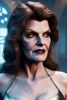 younger Rene Russo as evil queen in leather, cleavage, angry, stern look, unreal 5, octane render,cinema4d, dynamic lighting, dramatic lighting, 4k, redshift render, highly detailed, hyper realistic