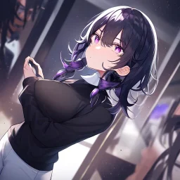 Clear focus, High resolution, short black fluffy hair, purple eyes, long spiky locks, wearing a black sweater with a white collar, long sleeved shirt, wearing white shorts, angry