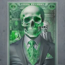 a head and shoulders portrait of a skeleton dressed in a three-piece suit as the president of the united states, based on us currency, united states one dollar bill, shades of green, real-life, colors match the united states one dollar bill, realistic, robotic, black and white