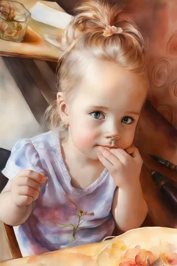 watercolor painting of a beautiful portrait of a 5 year old girl realistic skin texture, flower in her hair, looking into the camera, Anna Razumovskaya style, atmospheric light, realistic colors