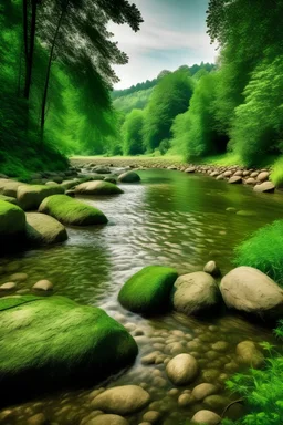 gambarkan pemandangan alam persawahan di tepi sungai bebatuan yang menyejukkan mata yang seperti keadaan nyata
