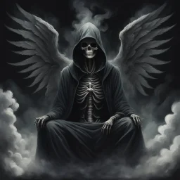 person sitting on a dark background. The dominant colors are black and gray, which give the scene an ominous and mysterious character. The person has their face turned upwards and blows cigarette smoke from their mouth, which enhances the impression of intrigue. It depicts a figure with wings emerging from its back, as if transforming into some supernatural creature. a hooded skeleton can be seen behind the clouds of smoke. he holds a scythe in one hand and a touch person in the other