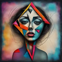 Whimsical kissing: This strange asymmetric abnormal kissable beautylady has a head that looks like a triangle, a square and a circle sewn together with cords. Colorful abstract art, mixed media. Disturbing, turpistic, dark. Scratches. Kissing background.