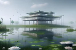 future fold form Iranian beach house with void under mass of building in the marsh, Water lily on water surface wealth of flora, with dancing performance, fog and rain
