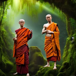 Buddhist monk in a jungle, hyper realistic, photography, rays, amazing lighting