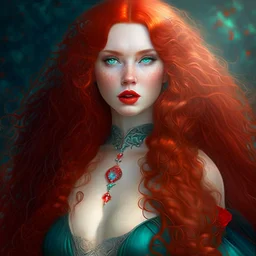 Dress, long ginger hair, Noble, Pale skin, Fantasy, Woman, large chest, turqouise eyes, frizzy, large hair, Blood red details, Curvy body