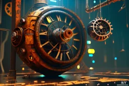 galactic, scaffolding, rusted clock, rusted cogwheel, cyberpunk, cinematic, cinema 4d render, high detail