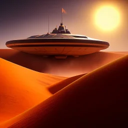 volumetric desert environment, Ralph McQuarrie style painting, hovercraft, highly detailed