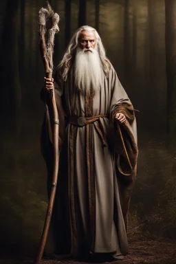 Elderly druid king with a grey beard dressed in long flowing robes carrying a long wooden staff Photo realistic