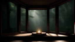 meditation rood podium , meditation minimalistic corner. design wood, View from large bay windows throughout from the large bay windows extends through the jungle forest. night landscape. The fragrant smoke of meditation wakes me up in my dreams.