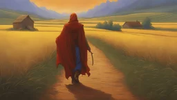 The wanderer, the god of protection. walking on a road through farms and fields. concept art, intricately detailed, color depth, dramatic, colorful background. Painted by Michael Whelan