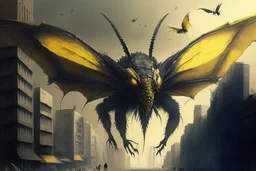 insecto extremadamente grande, de ojoso amarillos y alas enormes y muy feo atacando una ciudad