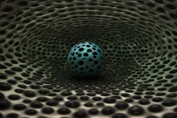 beautiful composition, black spheres with holes, woven of thin black wire, the entire surface of the sphere is filled with symmetrically arranged round holes, from the inside of the sphere a bioluminescent blue-green (sometimes blue, sometimes green) light is emitted, projecting coloured round spots onto the whole background and the whole horizontal base where the sphere is placed. S<AI