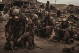 movie scene: in a post apocalyptic future: people search the remains of civilization for remnants of civilization, their clothes are made of garbage and are improvised. they wear improvised ((very detailed)) masks for protection. The costumes are very detailed and made of garbage, metal parts, scrap metal, belts, bags, car parts, spikes, They are armed and look very dangerous. all is broken, extremely used, burnt, dangerous and rusty. The mood is very gloomy, dystopian and depressive.