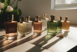 generate me an aesthetic complete image of female perfumes in daylight