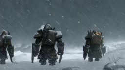 3 Warriors in blizzard, from behind, comic style