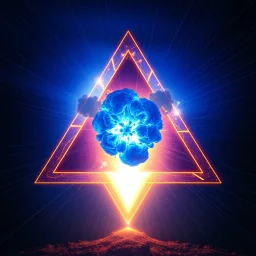 a blue nuclear explosion inside a triangle, inner glow, radiant lines