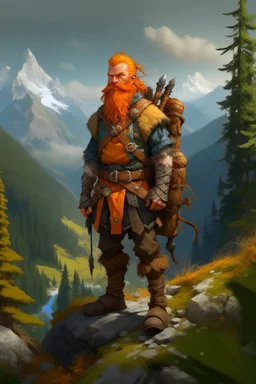 Realistisches Bild von einem DnD Charakters. Männlichen Zwerg mit orangenem Haaren. Er steht im Wald mit Bergen im Hintergrund. Er sieht aus wie ein Jäger