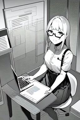 girl with glasses works on a laptop sitting in a cafe, line arts, greyscale