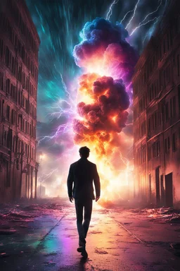 Young man walking towards a building that is exploding at night, with coloured auras and lightning around him