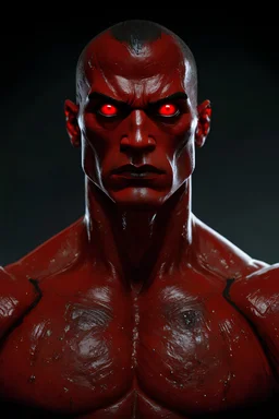 a stronge man by gary frank 4k red skin and stronge body with red eyes and wear a black clock