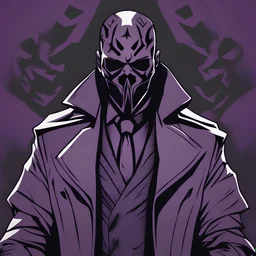 warlock, black mask with ash purple patterns, black trench coat with ash purple patterns, dark, ominous, ash purple, grey background, profile picture, simplistic design