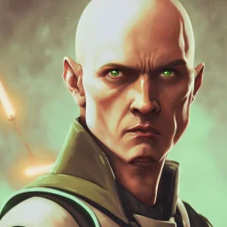 star wars bald male corellian jedi pilot wearing black and olive drab old republic armored flightsuit with gold trim inside the jedi temple holding a lightsaber with viridian green blade in left hand, centered head and shoulders portrait, hyperdetailed, dynamic lighting, hyperdetailed background, 8k resolution, volumetric lighting, light skin, fully symmetric details