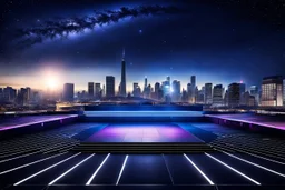 a big open empty disko stage in modern city in a very big square in midnight , at distance,night sky ,stars