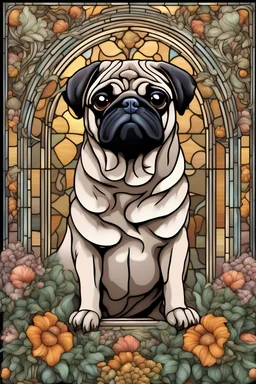 stained glass window design of an overwhelmingly pug framed with vector flowers, long shiny, wavy flowing hair, polished, ultra-detailed vector floral illustration mixed with hyper realism, muted pastel colours, vector floral details in the background, muted colours, hyper-detailed ultra intricate overwhelming realism in a detailed complex scene with magical fantasy atmosphere, no signature, no watermark