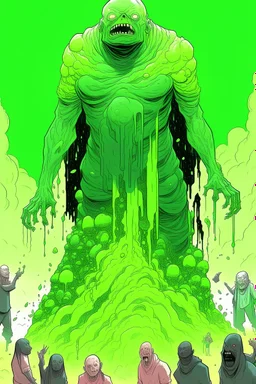 Terrifying image of a slime person dnd artstyle, Towering over a helpless party of heros