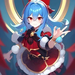 Clear focus, High resolution, rough line art, cute, cartoon, medium blue hair, hair between eyes, fluffy hair, red eyes, super cool outfit with a split skirt, black red and gold color scheme, wearing a skirt