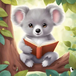 Create a charming and whimsical children's book cover character illustration for a little koala sitting in a tree reading a book. Capture Koala's endearing features such as furry softness, big round eyes, and a curious expression. Ensure the image is appealing to young readers.