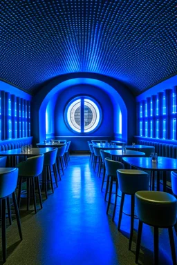 A restaurant whose outer walls are oval in shape, the color of the inside is blue, and its floor is light, with a bar table in the middle of the restaurant in the shape of an oval, containing 30 chairs without windows.