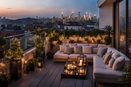 middle shot from a Roof terrace with sofas, poof and a small table and potted plants. The area is lit by string lights, cozy atmosphere. A beauty lady is sitting on the sofa in a nice shiny dress and enjoying the evening atmosphere. the illuminated terrace and the view of the big city in the background makes this environment relaxing and spectacular. high detalied, cinematic